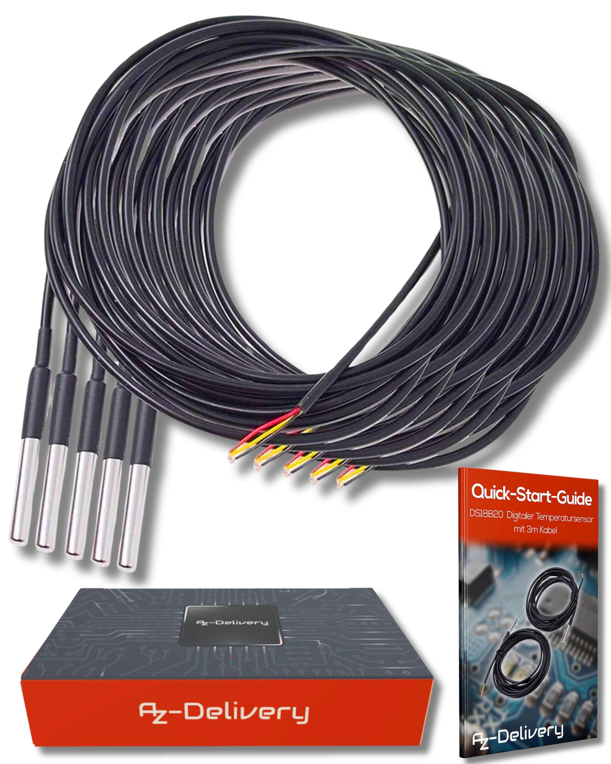 AZDelivery 5PCS DS18B20 3M Cable Digital Temperature Thermal Waterproof Probe Sensor -55°C to +125°C compatible with Arduino and Raspberry Pi including E-Book!