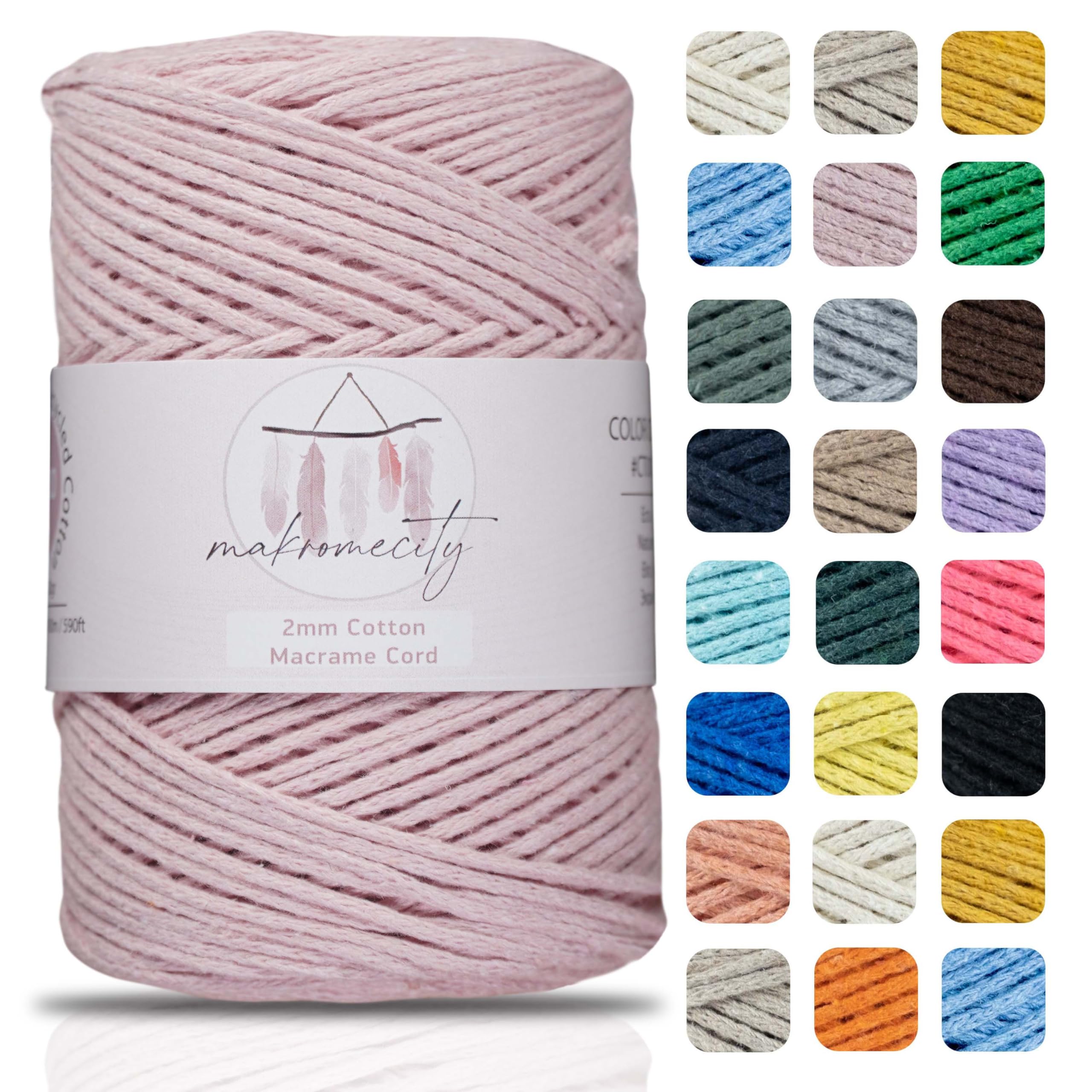 Makromecity, Cotton Macrame Yarn 2 mm x 180 m Recycled Cotton for Crocheting Cotton Macrame Cord for Crafts Home Decorations Place Plate Shoulder Bag Crochet Bags Runner (Baby Pink)