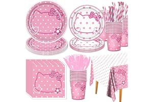 PEIKING 161PC Pink kittens Birthday Party Supplies Kit - Includes Pink Cat Dot Plates Napkins Cups Tablecloth Straws Forks Spoons Knives for Girls Party, Baby Shower, Cute Kattyy Decorations serve 20 Guests