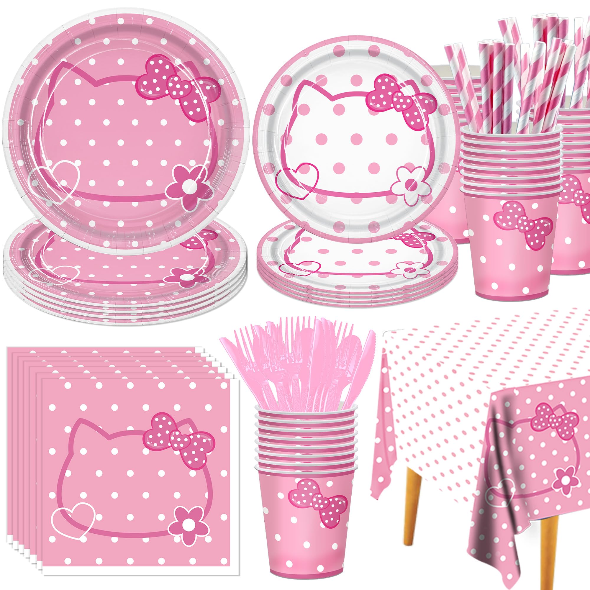 Photo 1 of 161PC Pink kittens Birthday Party Supplies Kit - Includes Pink Cat Dot Plates Napkins Cups Tablecloth Straws Forks Spoons Knives for Girls Party, Baby Shower, Cute Kattyy Decorations serve 20 Guests