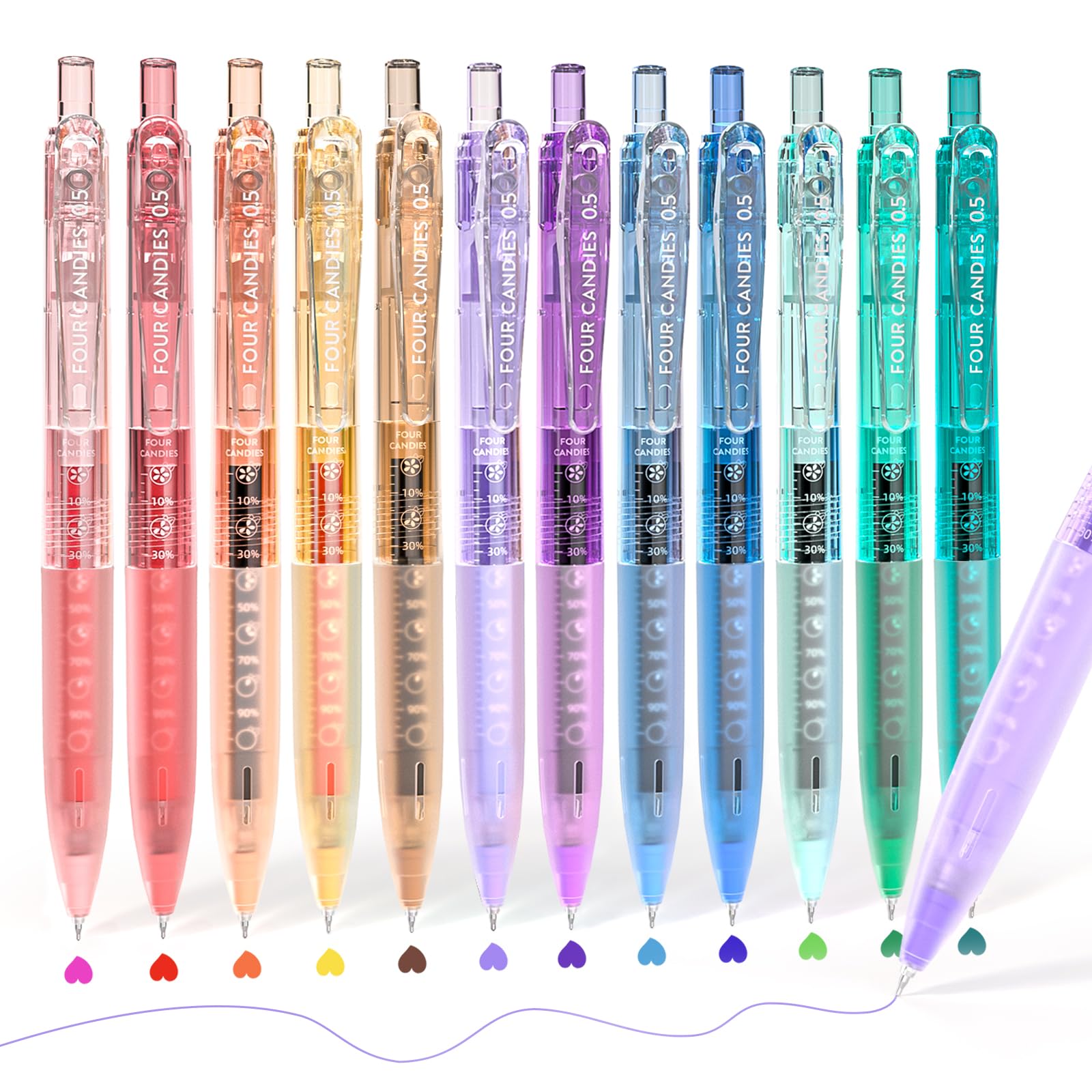 Four Candies 12Pack 0.5mm Quick Dry Retractable Gel Pen Set, Cute Transparent Fine Point Multicolor Note Taking Aesthetic lnk Pens, Comfort Grip 12 Ink Colors Drawing Writing School Office Home