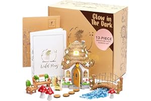 WILD PIXY Fairy Garden Kit - 13 Piece Glow in The Dark Fairy Garden Accessories, 7.1"" Outdoor Fairy House with Opening Door and Solar LED Light, Garden Door for Trees, Stones, Indoor/Outdoor Décor