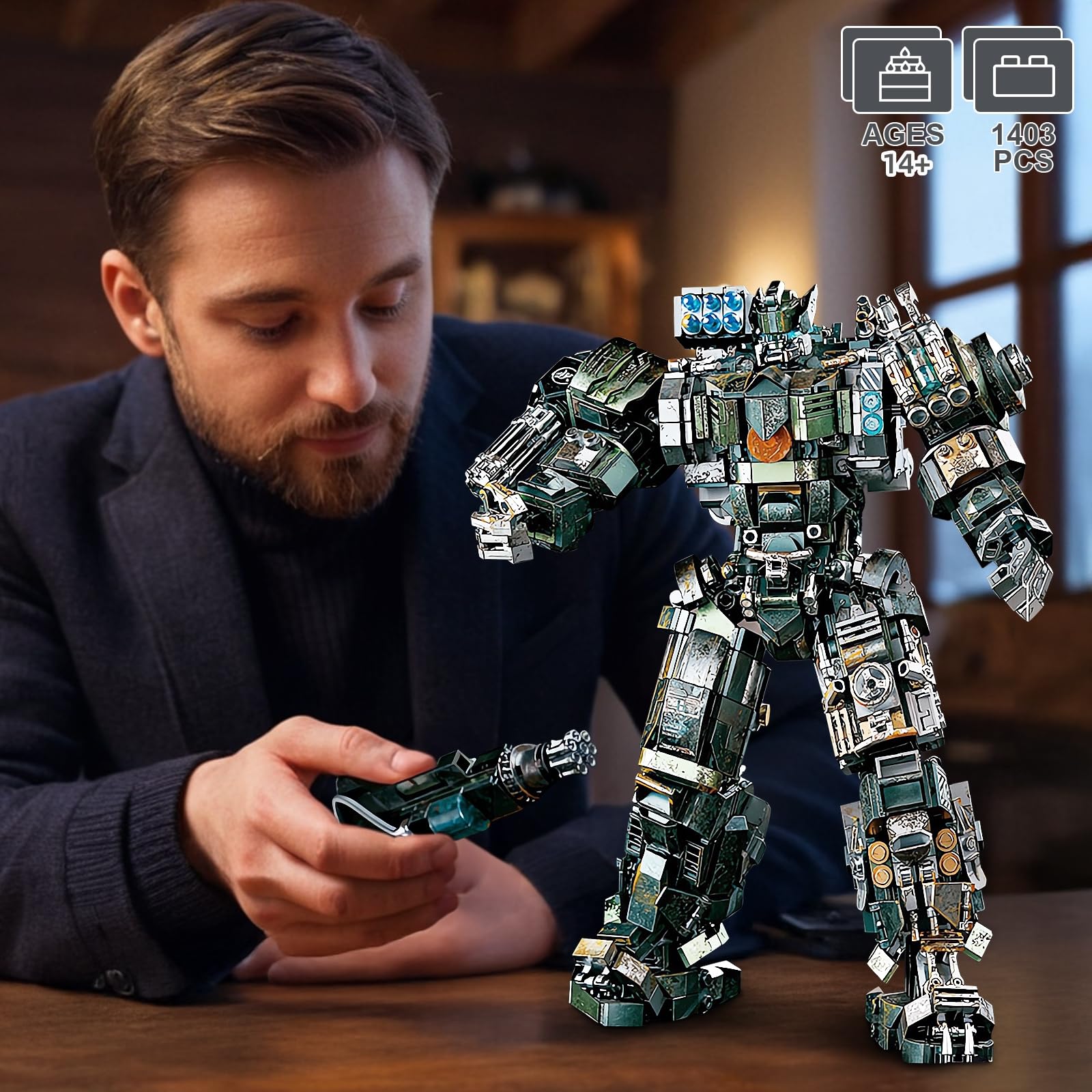 HIGH GODO Mech Building Blocks Set for Adults, Motorized Robot Model Building Kit with Multiple Weapons, Battle Damage Style Warrior Collectible Gifts for Man Ages 14+ (1403 Pieces)