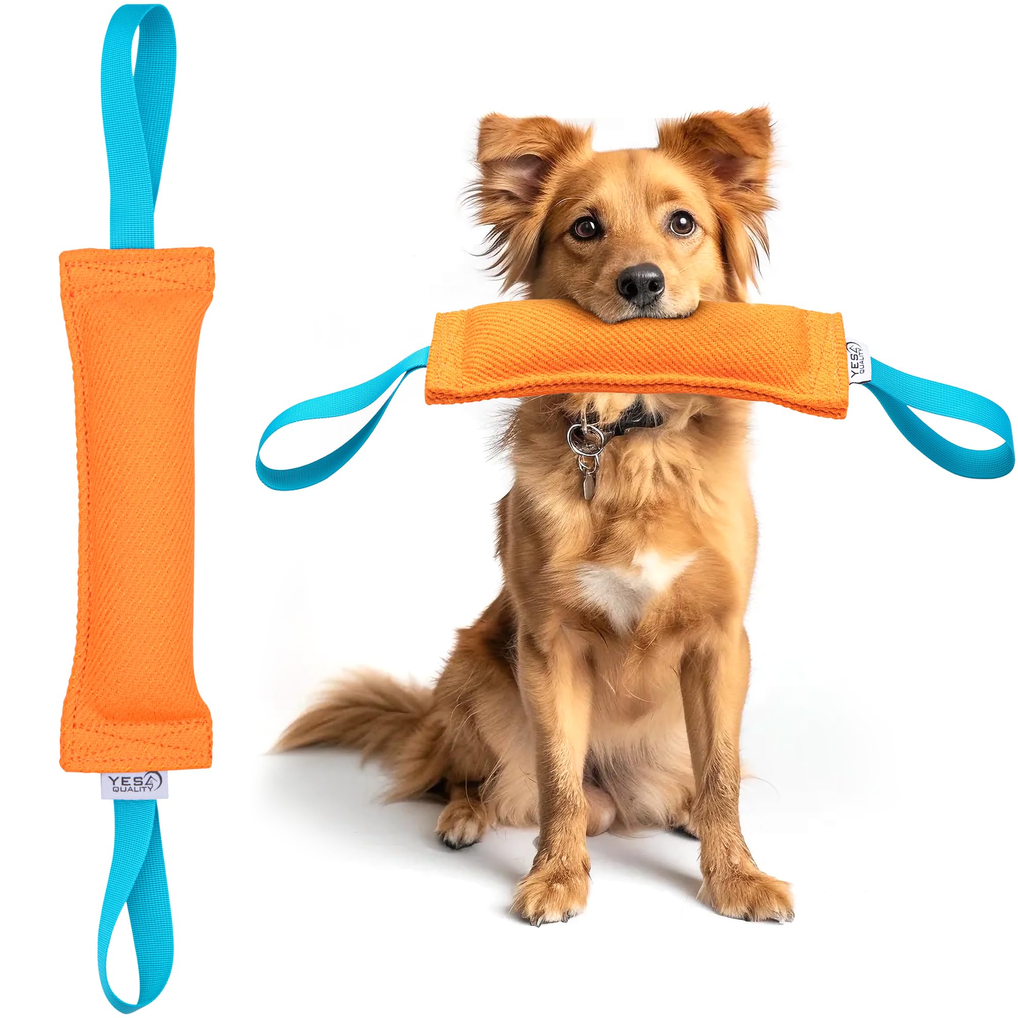 YES4QUALITY Dog Bite Tug Toy - 30x9cm, Orange - Durable Pull Toy with 2 Strong Handles - Tough Nylon Bite Pillow for Small to Medium Dogs - Ideal for Tug of War, Fetch, K9, Puppy Training & Play