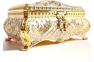 SIWOT Rectangular Classical Patterned Jewelry Box,Metal Retro European Scroll Design Treasure Storage Chest Case for Girls Women (Golden Light Purple, Large)