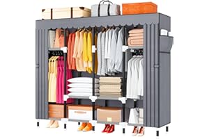 KEKIWE Portable Closet, 69 Inch Wardrobe Closet for Hanging Clothes with 4 Hanging Rods, 8 Storage Shelves, Side Pockets, Strong and Durable 25mm Metal Tube, Quick and Easy to Assembly, Grey