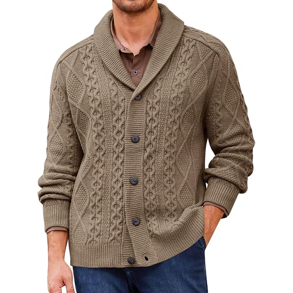 Cárdigan De Punto Grueso Para Hombre - Manga Larga, Cuello De Chal, Tejido Trenzado, Abrigo Casual De Invierno