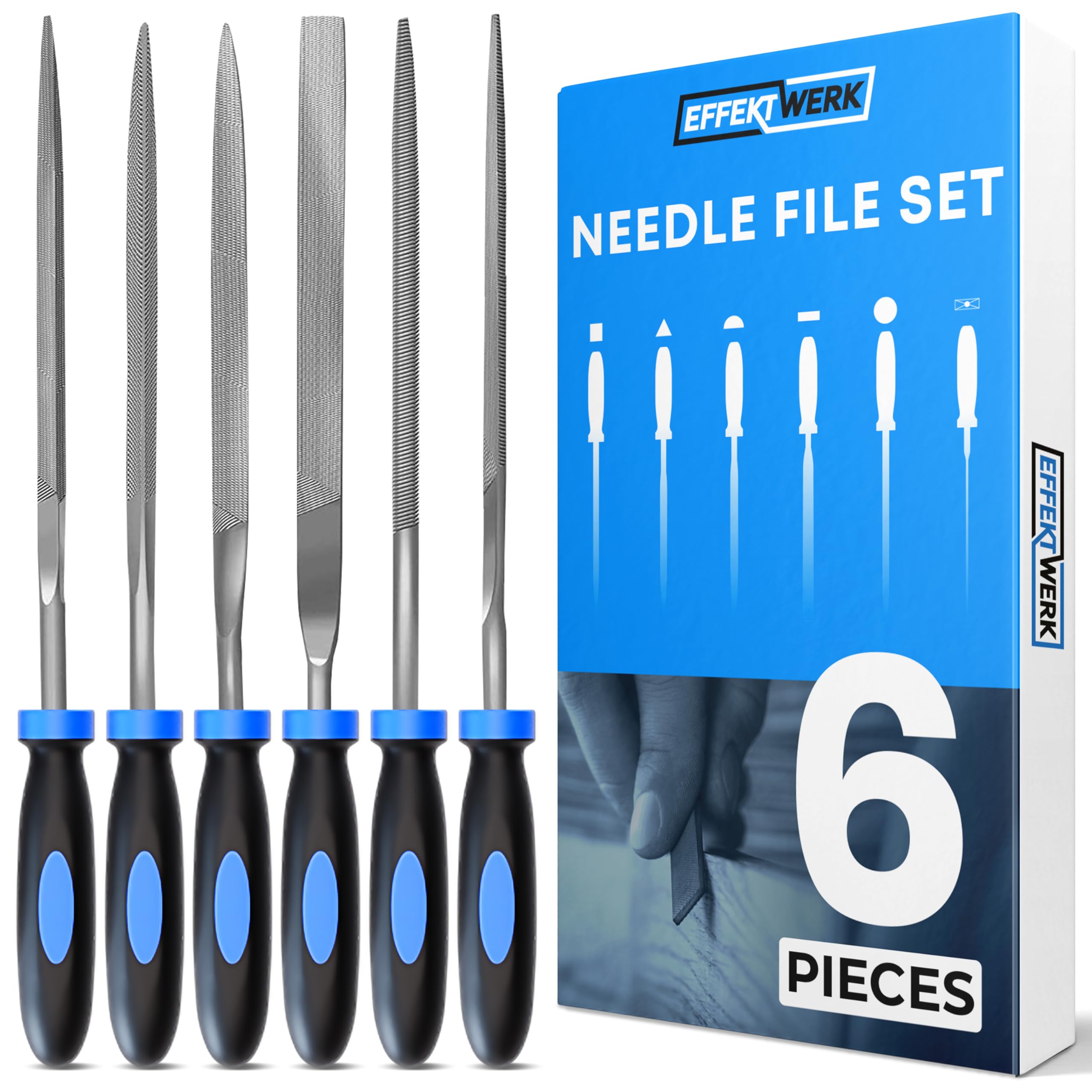 EffektWerk - 6 pc Needle File Set for Wood, Metal, Plastic and Jewellery - 160x4mm - Small Round, Half Round, Square, Triangle, Flat and Flat Pointed Files - Fine Finishing with Ergonomic Handles