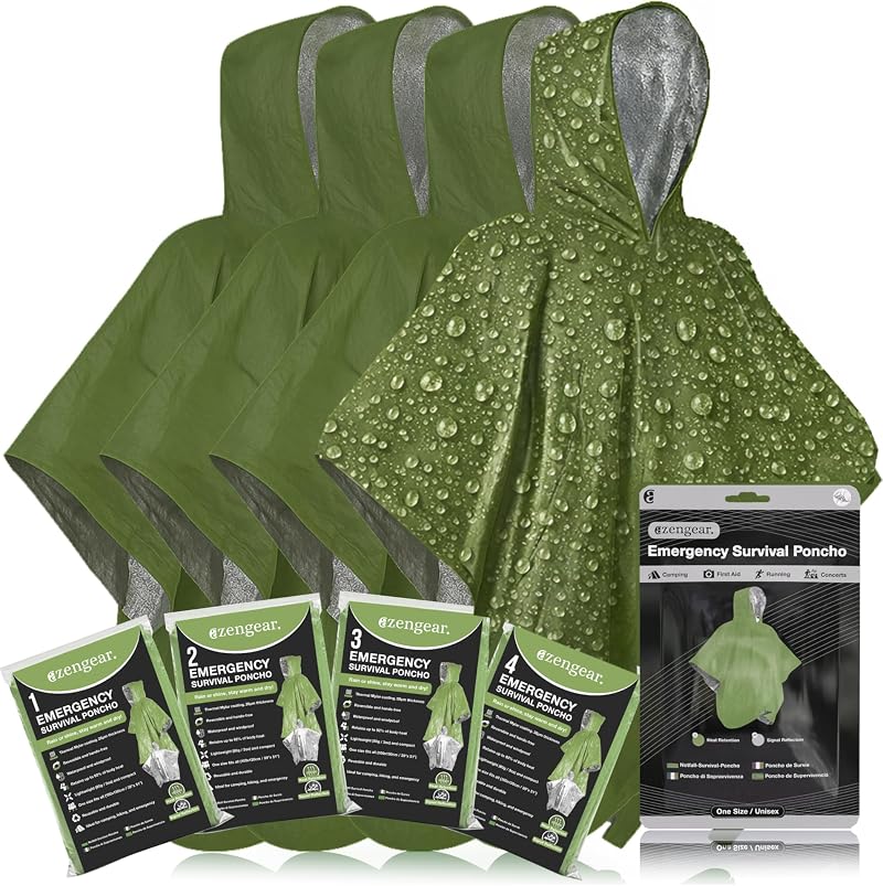 aZengear Emergency Survival Poncho 4pc Thermal Mylar Foil Hooded Green