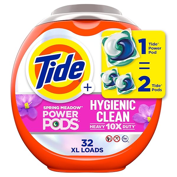 TIDE HYGIENIC CLEAN HEAVY 10X DUTY POWER PODS LAUNDRY DETERGENT PACS SPRING MEADOW 32 COUNT FOR VISIBLE AND INVISIBLE DIRT