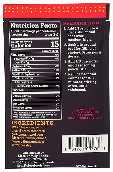 SIETE SPICY TACO SEASONING MIX | GLUTEN FREE | VEGAN | PALEO | PRESERVATIVE FREE | WHOLE 30 APPROVED (1 PACKET)