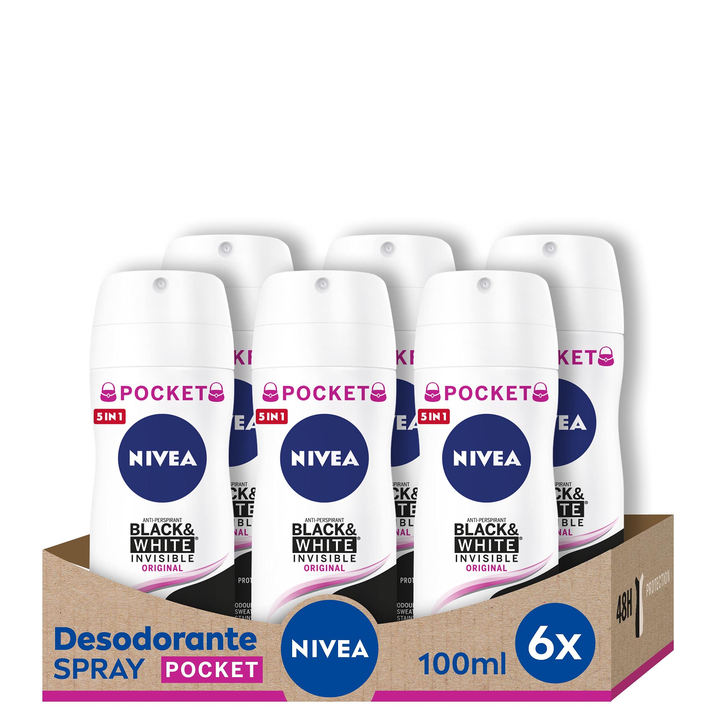 NIVEA Black & White Invisible Original Spray Pocket Pack of 6 (6 x 100 ml), Antiperspirant Deodorant for Feminine Care, with 48h Protection