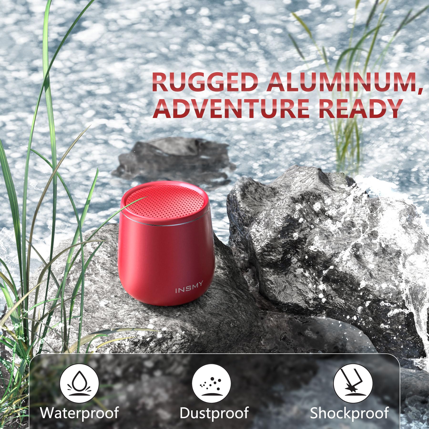 INSMY Small Bluetooth Speaker, Waterproof Mini Portable Wireless Speaker, Punchy Bass Rich Audio Stereo Pairing, Handheld Pocket Size, Built in Mic for Hiking Biking Gift Laptop Tablet (Red)
