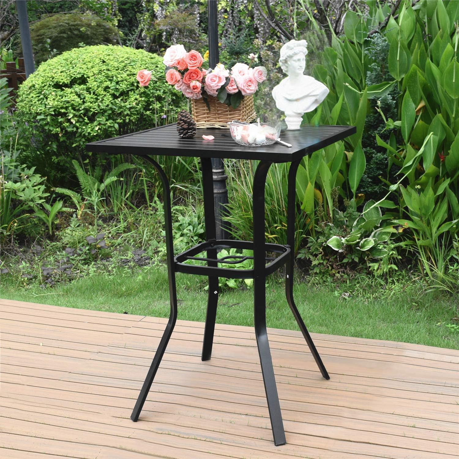 Amazon Com Vicllax Patio Bar Height Bistro Table Patio Bar Chairs Table With Umbrella Hole L28 X W28 X H39 Dark Kitchen Dining