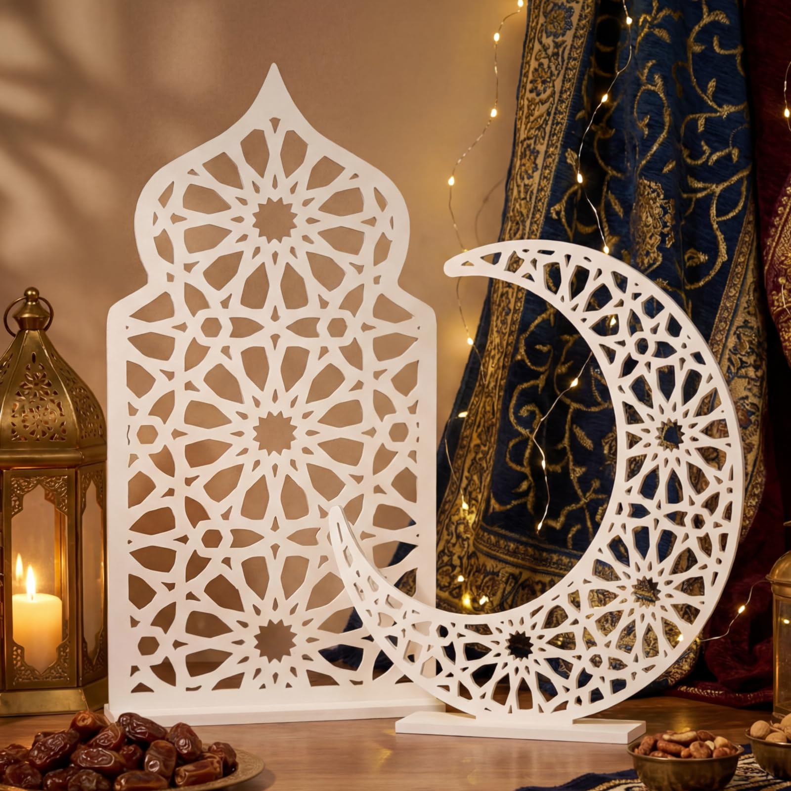 Photo 1 of *** SCRATCH **** Sintuff 2 Pack Large Wooden Ramadan Decor Islamic Eid Mubarak 3ft Crescent Moon & 4ft Mosque Dome White Floor Decor for Room Entrances Ramadan Kareem Gift Party Home Decoration, Lights Not Included