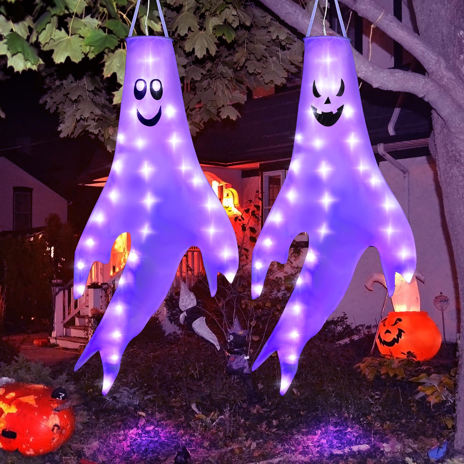 Photo 1 of Enhon Solar Halloween Decorations Outdoor, 4 Pack 50 Inch Light Up Scary Ghost Windsocks with Purple LED