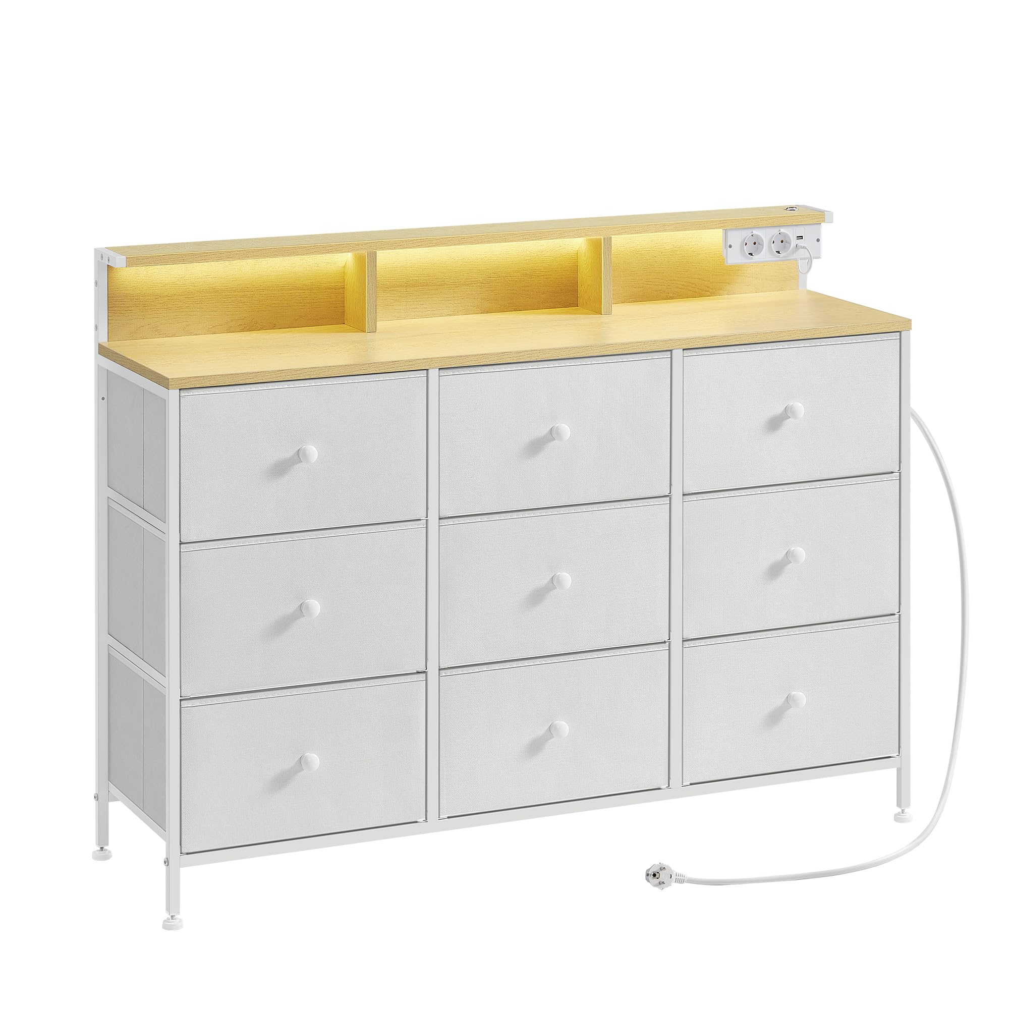 SONGMICS Kommode, Aufbewahrungsschrank mit 9 Schubladen und LED-Beleuchtung, Steckdosenleiste, Stahlrahmen, 33,5 x 114 x 84 cm, für Schlafzimmer, Wohnzimmer, wolkenweiß LTS519W02