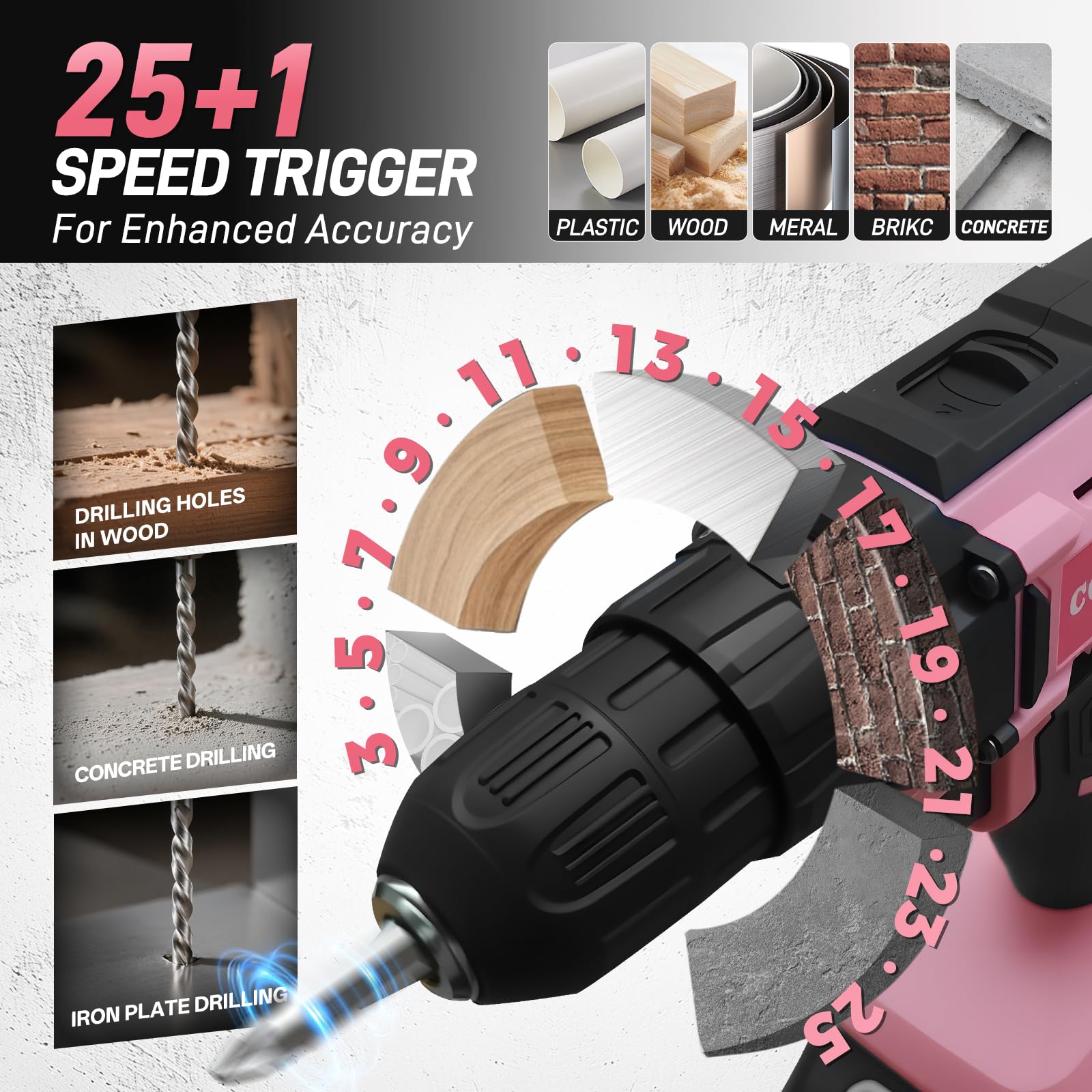 COMOWARE Cordless Drill Set, 20V Pink Power Drill Set for Women, 1 Battery & Charger, 3/8
