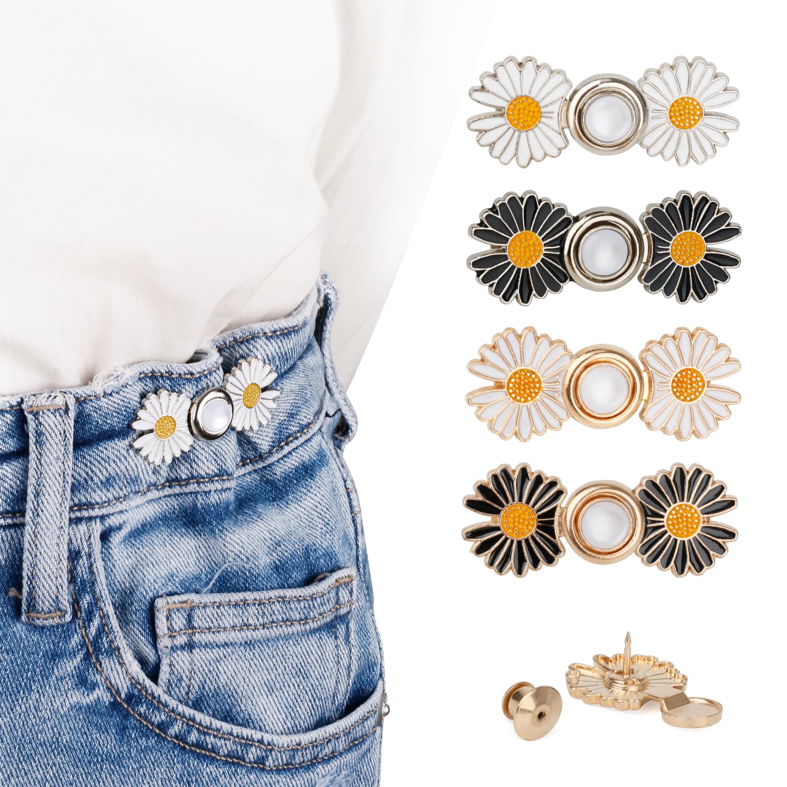 Photo 1 of ***** ONLY 3 SETS ***** TOOVREN Pant Waist Tightener, Detachable Jean Buttons for Loose Jeans, No Sew and No Tools Button Pins for Jeans, Adjustable Jean Buttons Pins, Daisy Flower Instant Pants Button Tightener 4 Sets