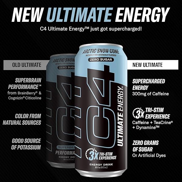 C4 ULTIMATE SUGAR FREE ENERGY DRINK 16OZ (PACK OF 12) | ARCTIC SNOW CONE