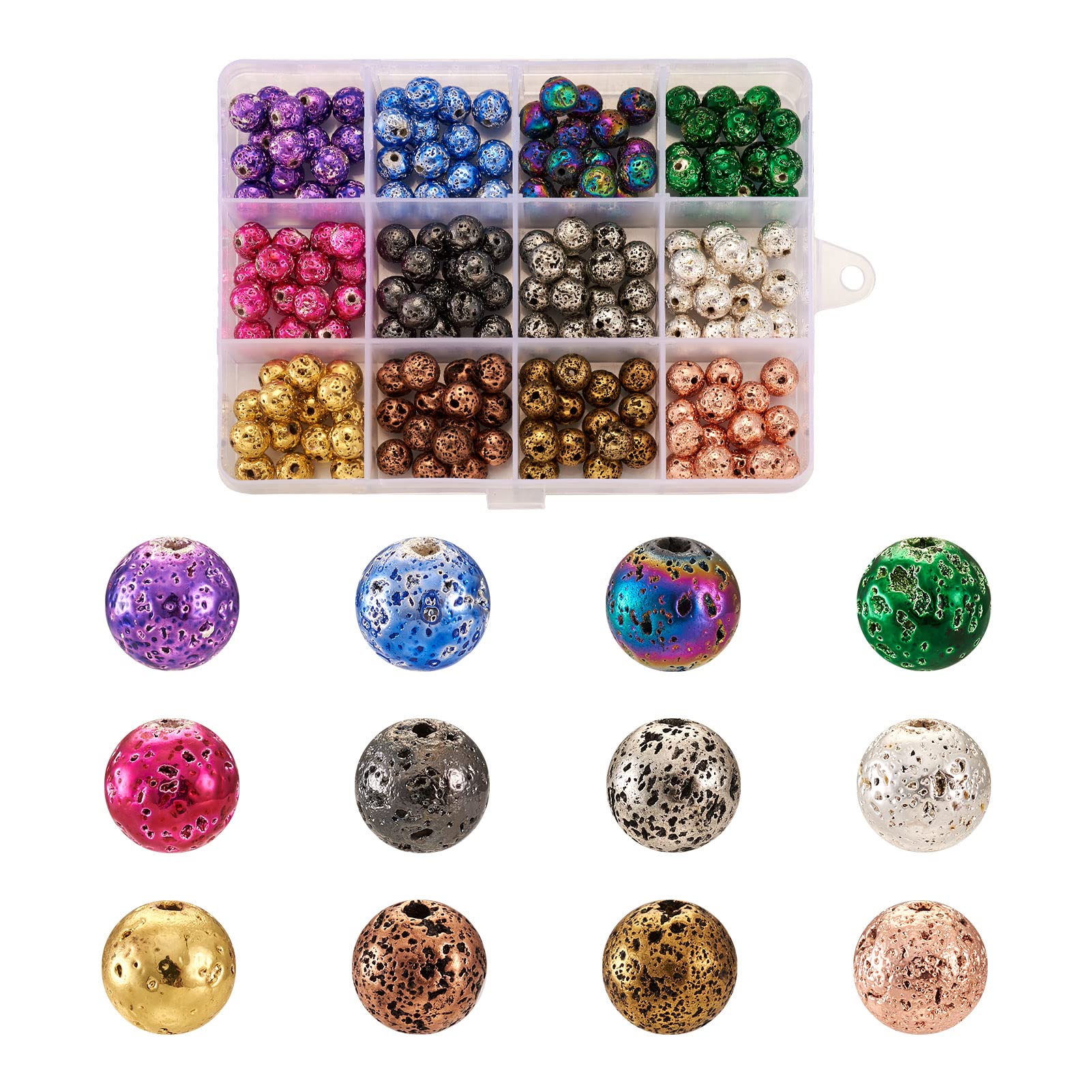Spritewelry 180Pcs 12 Color Round Electroplated Natural Lava Rock Beads 8-9mm Volcanic Stone Spacer Bead Bumpy Rock Bead for Bracelets Jewelry Making Supplies