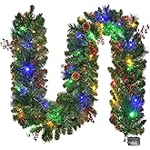 Christmas Garland with Lights 9FT, Lighted Christmas Garland Battery Powered 8 Lighting Modes, 50 LED Lights Garland, Red Berry, Christmas Pine Cone, for Stairs, Front Door, Christmas Decor