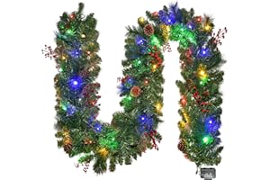 HOYECHI Christmas Garland with Lights 9FT, Lighted Christmas Garland Battery Powered 8 Lighting Modes, 50 LED Lights Garland, Red Berry, Christmas Pine Cone, for Stairs, Front Door, Christmas Decor