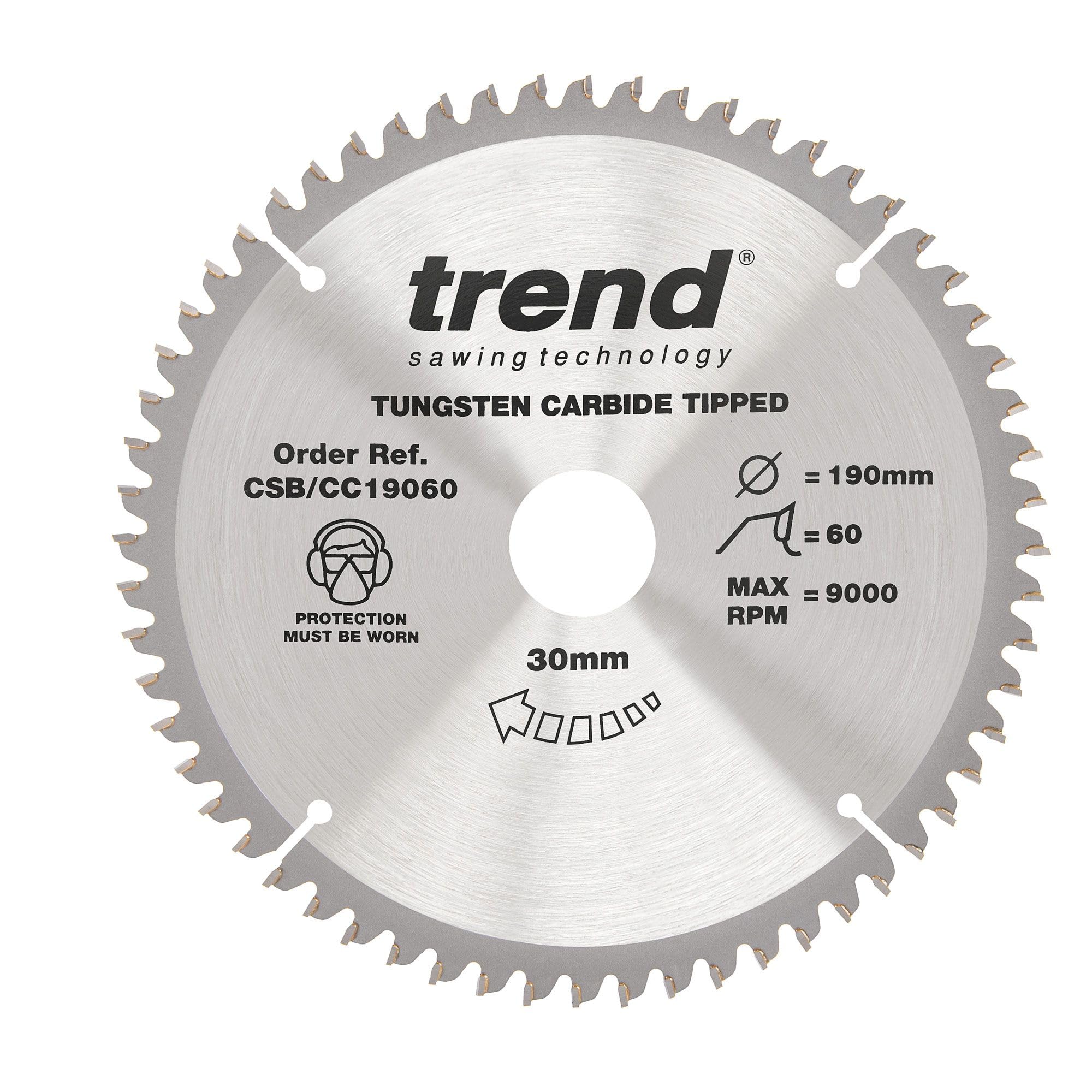 Trend Wood Mitre Saw Blade, 190mm Diameter, 30mm Bore, 60 Teeth, 2.6mm Kerf, -5° Hook, TCT, Extra-Fine Finish, CSB/CC19060