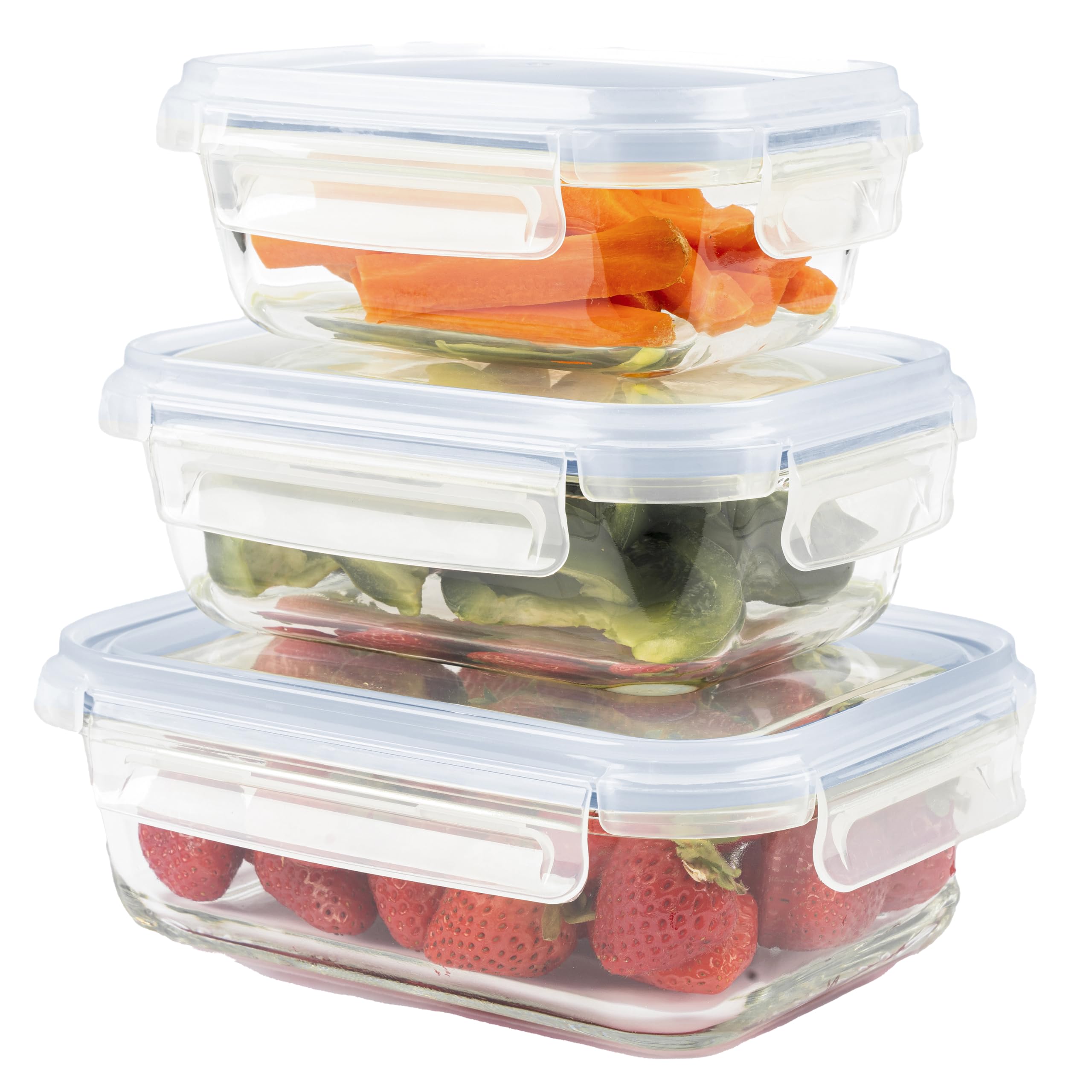 Home Fleek Rectangular Airtight Glass Food Containers with Lids - Stackable Food Storage Containers, Space Saving, Airtight, Microwave, Oven and Freezer Safe Meal Prep (Set of 3, Blue)