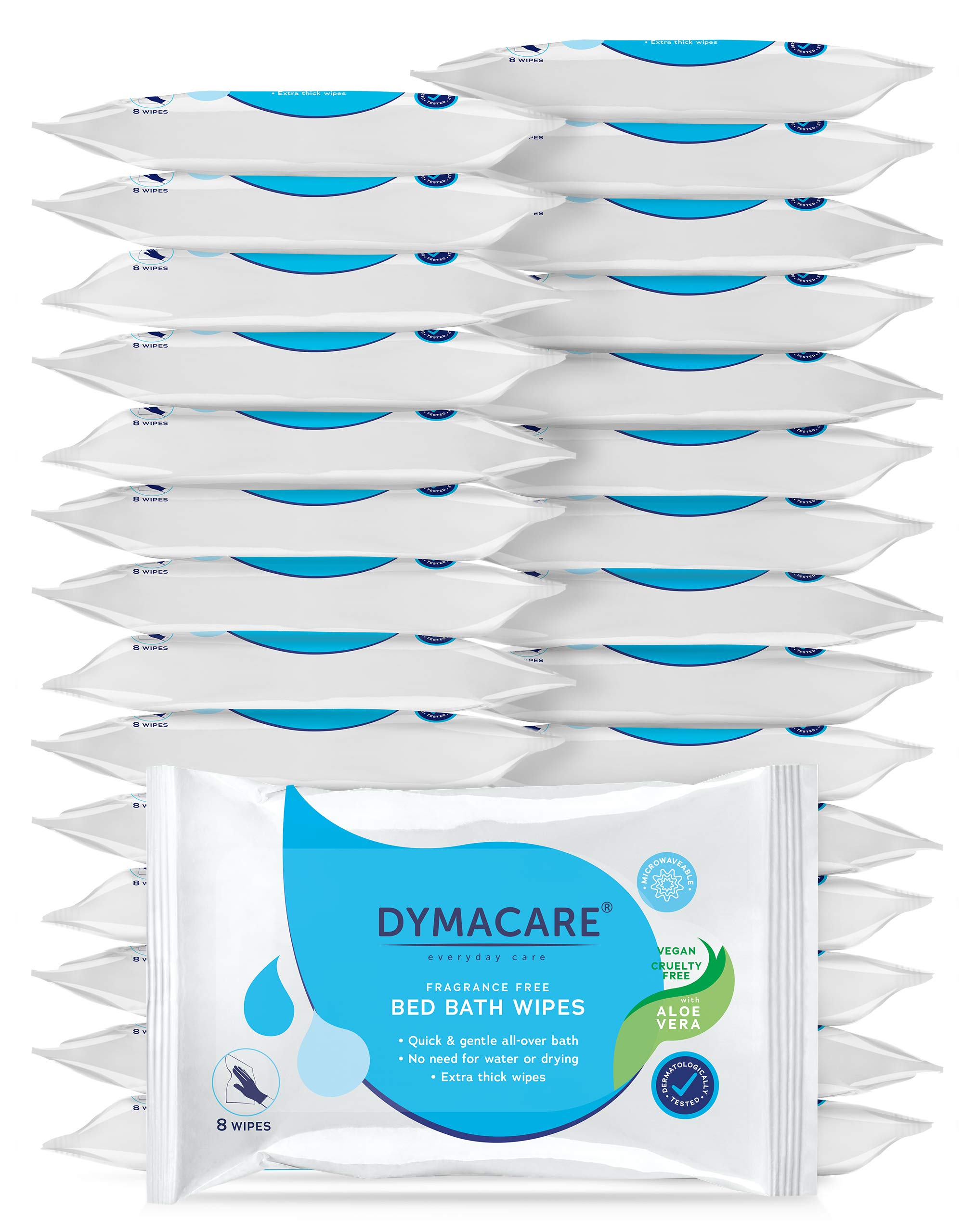 DYMACARE Unfragranced Bed Bath Wipes | Premium Unscented Skin Cleansing Shower Wipes for Adults and Elderly | No Water Microwaveable Body Wet Wipes with Aloe Vera | 30 Packs (240 Wipes in Total)