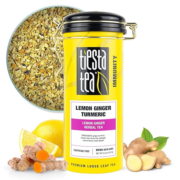 TIESTA TEA – LEMON GINGER TURMERIC, LOOSE LEAF, LEMON GINGER HERBAL TEA, PREMIUM BLEND, NON CAFFEINATED HERBAL, MAKE HOT OR ICED & BREWS UP TO 50 CUPS, 5 OUNCE REFILLABLE TIN
