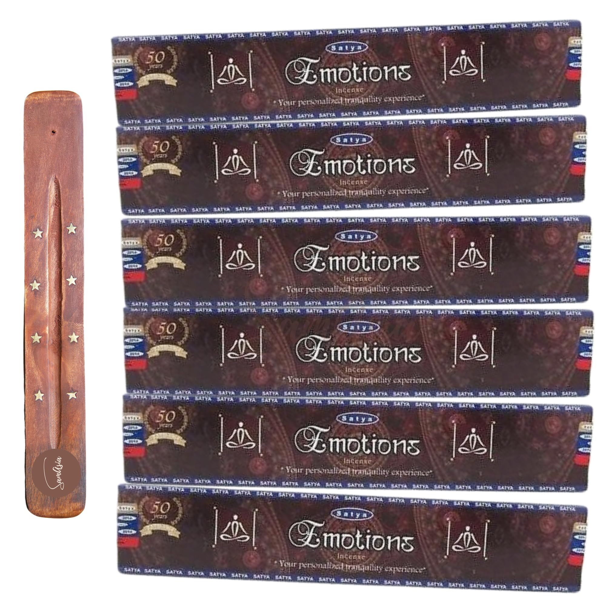 Satya Nag Champa Emotions Incense Sticks | x6 pack | with SAMASIA incense sticks holder | Used for Aromatherapy, Spa, Yoga, Weddings, Meditation, Healing, Positivity and Relaxation