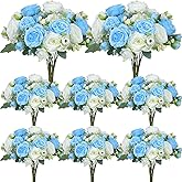 Geosar 8 Bundles Artificial Peonies Flowers Fake Silk Peony Bouquet Faux Peonies Flowers Bulk for Decoration Vase Floral Arrangements Wedding Party Table (Blue,White)