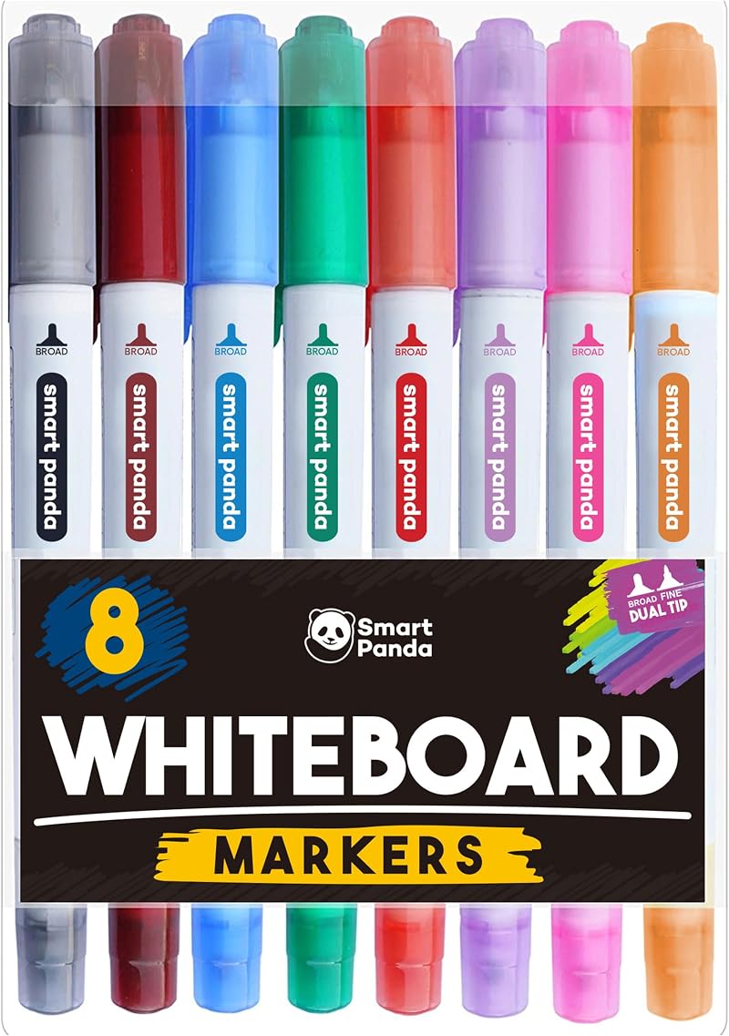 Smart Panda 8 Whiteboard Pens Dual Tip Broad Fine Dry Wipe Markers