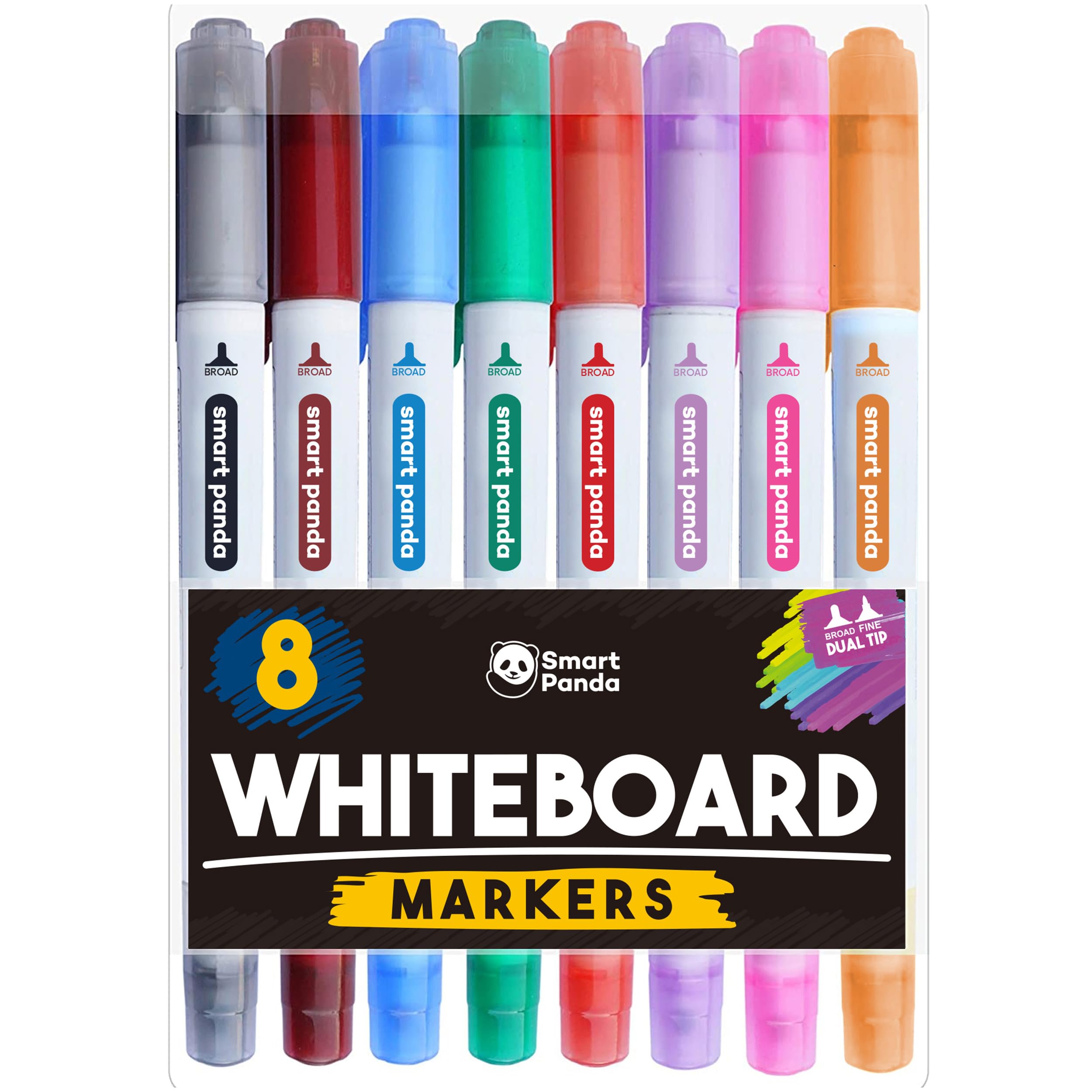 Smart Panda 8 Whiteboard Pens Dual Tip, Broad and Fine – Dry Wipe Markers, Perfect for Home, School or Office - 8 Set