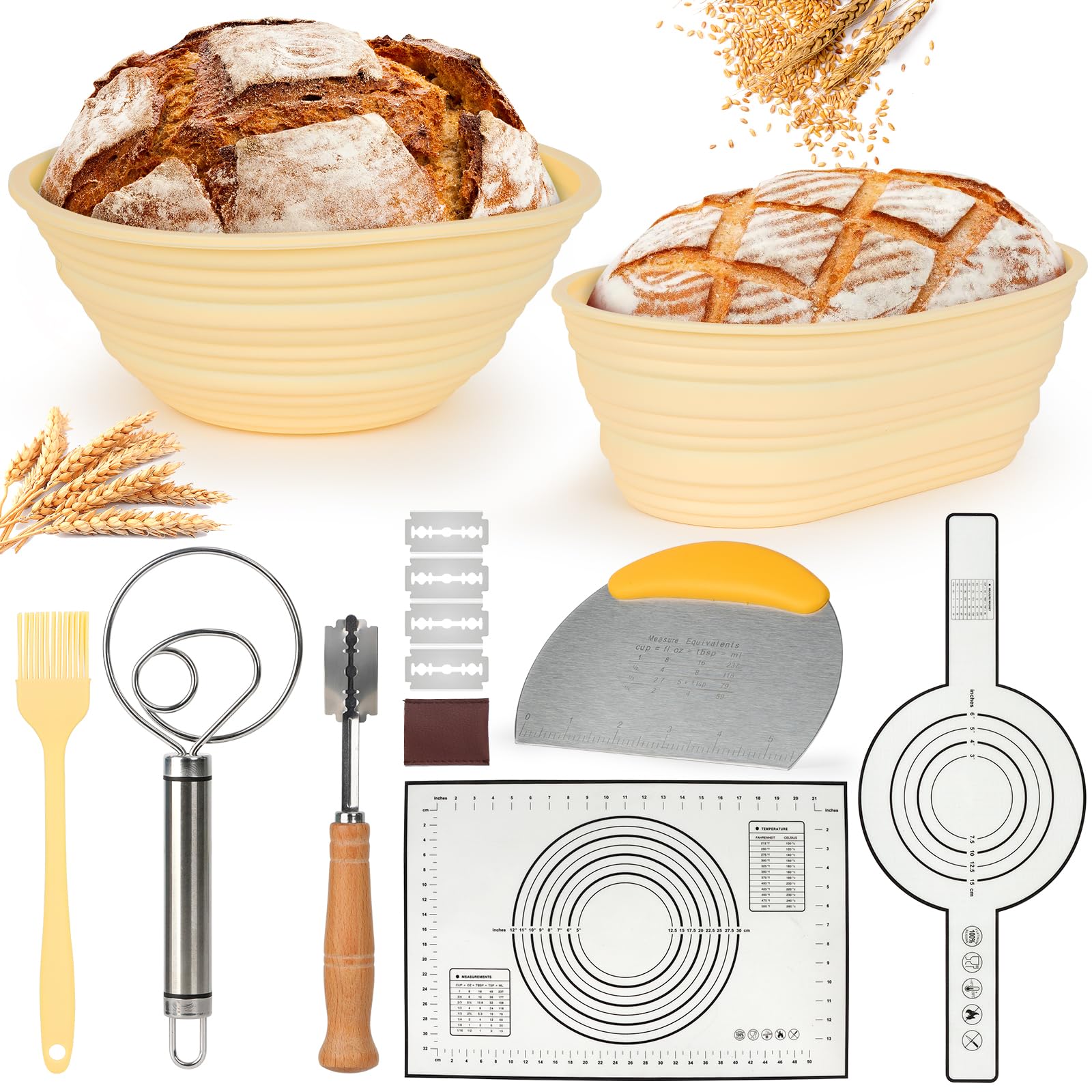 HUIJUTCHEN Sourdough Bread Baking Supplies, Sourdough Starter Kit 9 inch Round & 10 Oval Silicone Bread Basket with Silicone Bread Sling, Bread Lame, Bread Whisk, Dough Cutter & Oil Brush (Yellow)