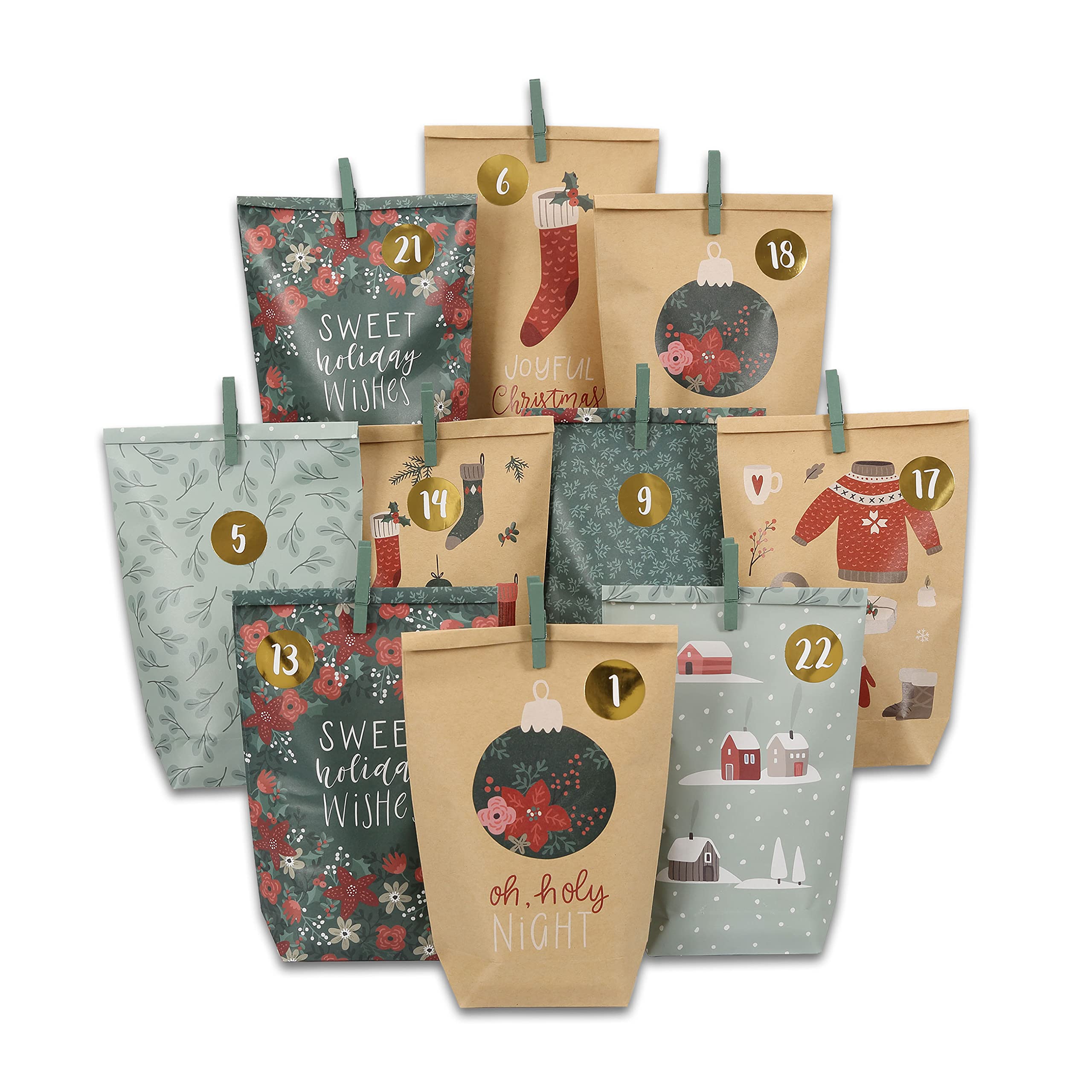 Papierdrachen Advent Calendar for Filling – 24 Green and Brown Printed Gift Bags and 24 Number Stickers and Clips – Green Motif – for Crafts and Giving – Christmas (400-009-016)