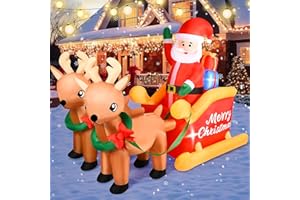 VEUIEIZT 7 FT Christmas Inflatable Decorations Santa Claus Sleigh with 2 Reindeer & Present with Built-in LED Lights, Blow Up Yard Decorations for Indoor Outdoor Garden Party Lawn Hall Patio Roof Xmas Decor