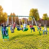 Sportspower Park Ridge Metal Swing Set for Ages 3-8, 2 Swings, Standing Swing, Roman Glider, Teeter Totter, on 5ft Slide, 6.1ft Durable Steel Frame, Anchor Kit, 800lbs