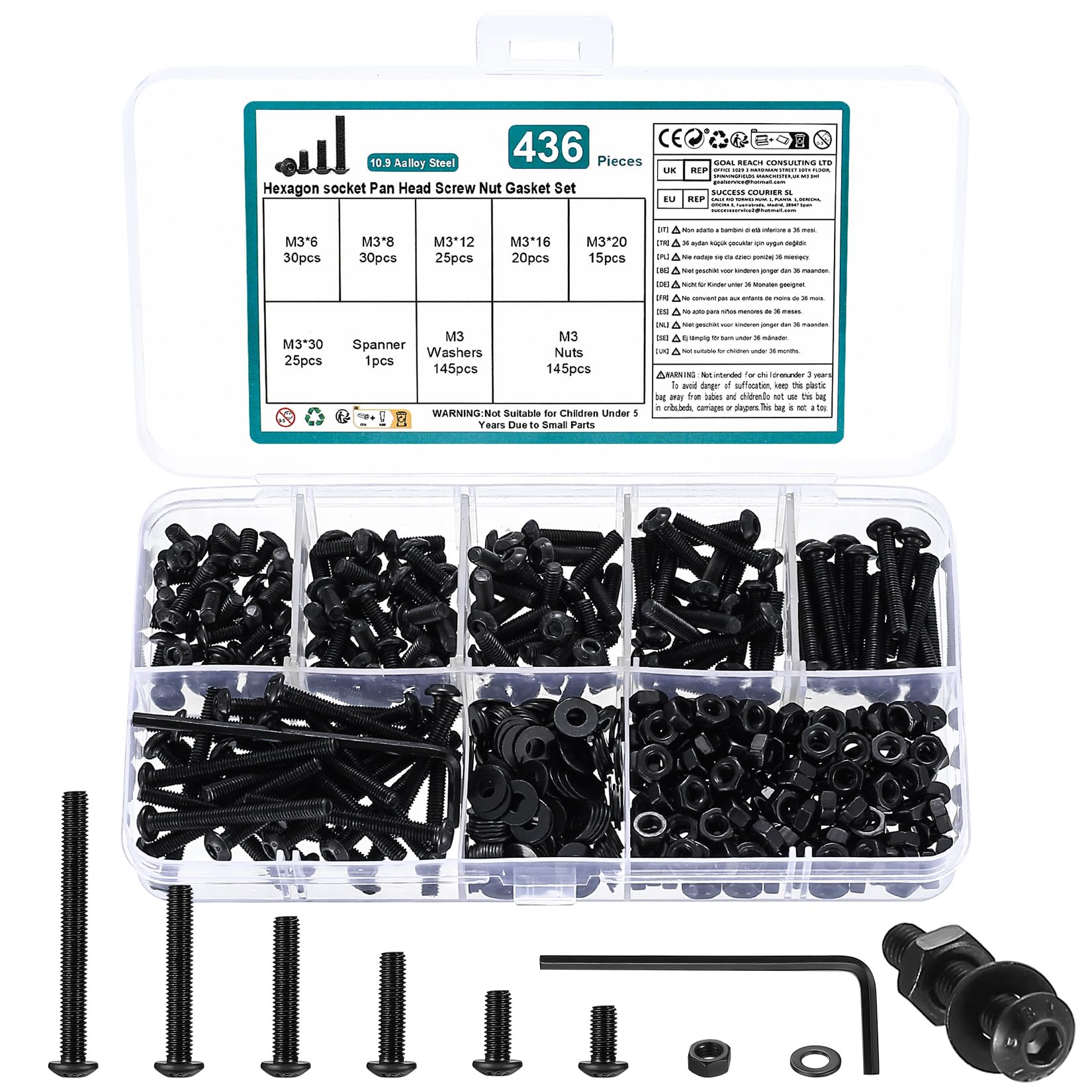 436 Pcs M3 Bolts and Nuts Set, Black Round Head Hex Socket Screws, with Wrench