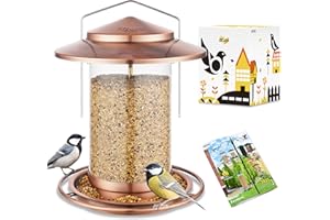 iBorn Metal Bird Feeder for Outside Hanging,Wild Bird Feeders for Cardinal,18cm Large Roof&Tray Brushed Copper 6 Port (Seed i