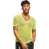 WDIRARA Men's Hollow Out Mesh Sheer T Shirt Fishnet V Neck Short Sleeve Casual Tee Top