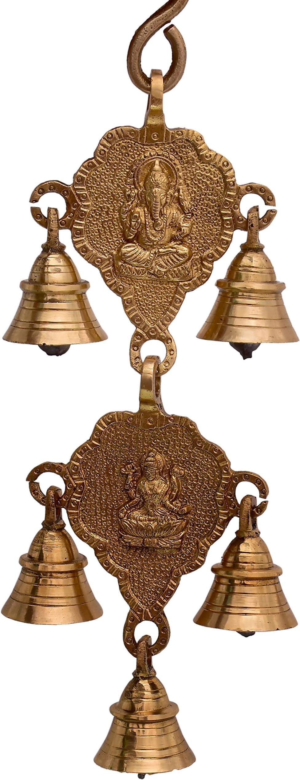 Purpledip Brass Antique Finish Ganesha Lakshmi Bell Wall Hanging (10767)