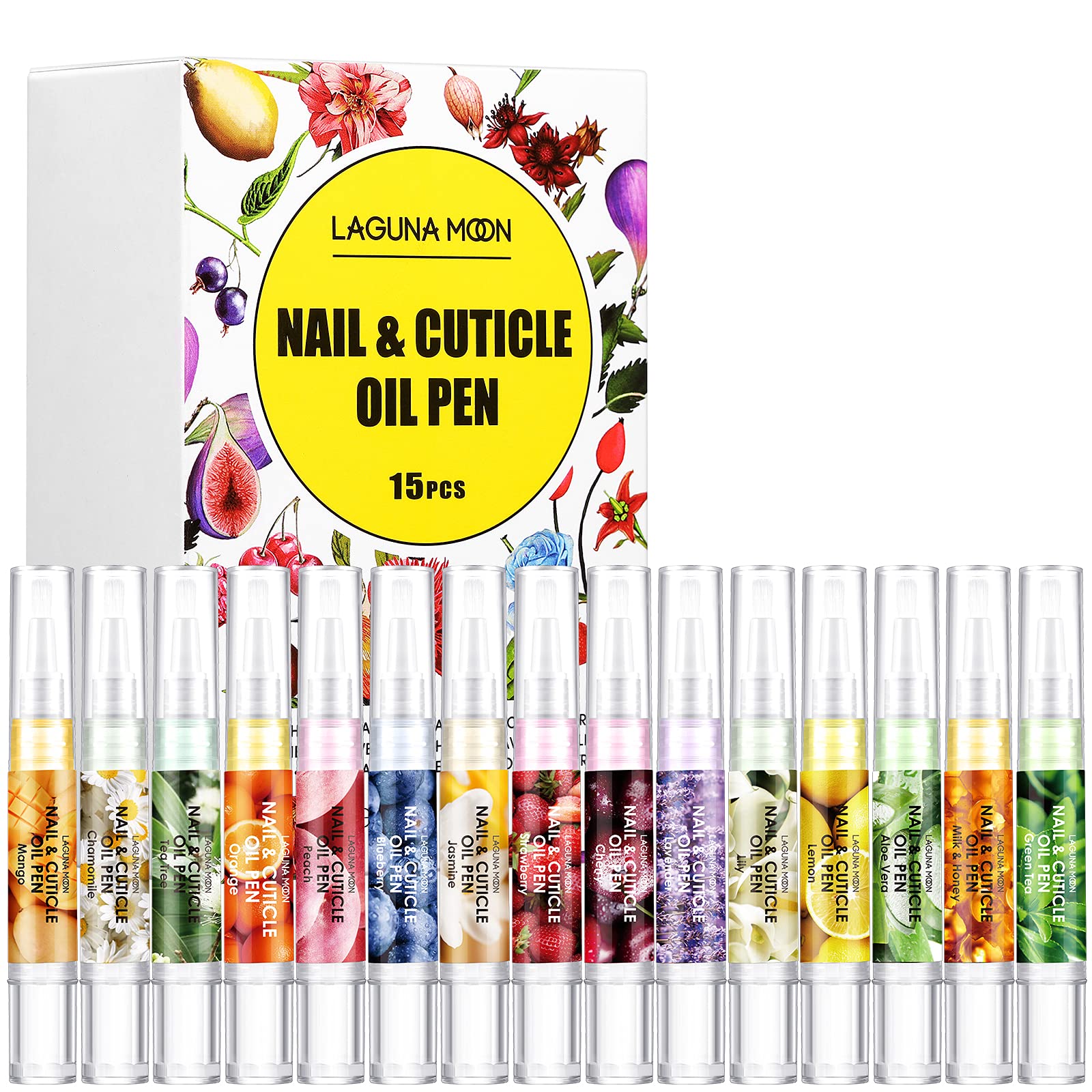 Lagunamoon 15 Pack Cuticle Oil Pens for Nail Care, 5ml Nail Oil Pens with Natural Ingredients to Moisturize and Nourish Dry Nails and Cuticles, Cuticle Oil to Prevent Nail Cracking and Hangnails