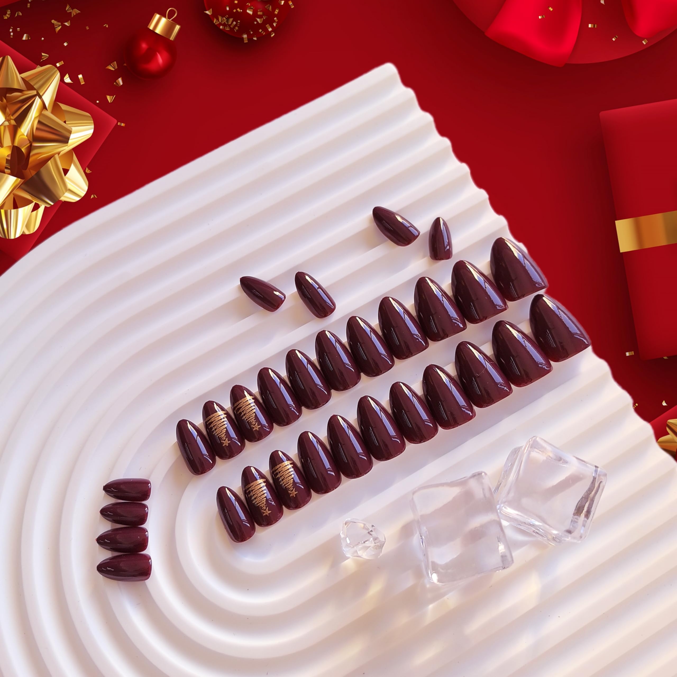 KQueenest Dark Red Christmas Press on Nails Short Almond with Glitter Christmas Tree Design, Cute Fake Nails Acrylic, Burgundy Christmas Nails Press on, Xmas Glossy Stick on Nails For Women, 24 Pcs - Image 4