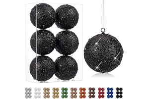 4" Large Christmas Balls Ornaments 6 Pcs Shatterproof Big Black Christmas Ornaments for Tree Bulk Glitter Big Xmas Tree Ornam