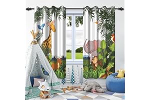 Umpoo Cartoon Safari Animals Window Curtains Green Jungle Fauna Wildlife Zoo Themed Blackout Curtain Grommet Top for Kids Nur