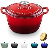 ROSSALLINI Signature Enameled Cast Iron Dutch Oven, Non-Stick Serving Pot with Tight Fitting Lid for Perfect Roasting, Baking, Sauteing, and Bread Making | 5.5Q (5.2L) - Red