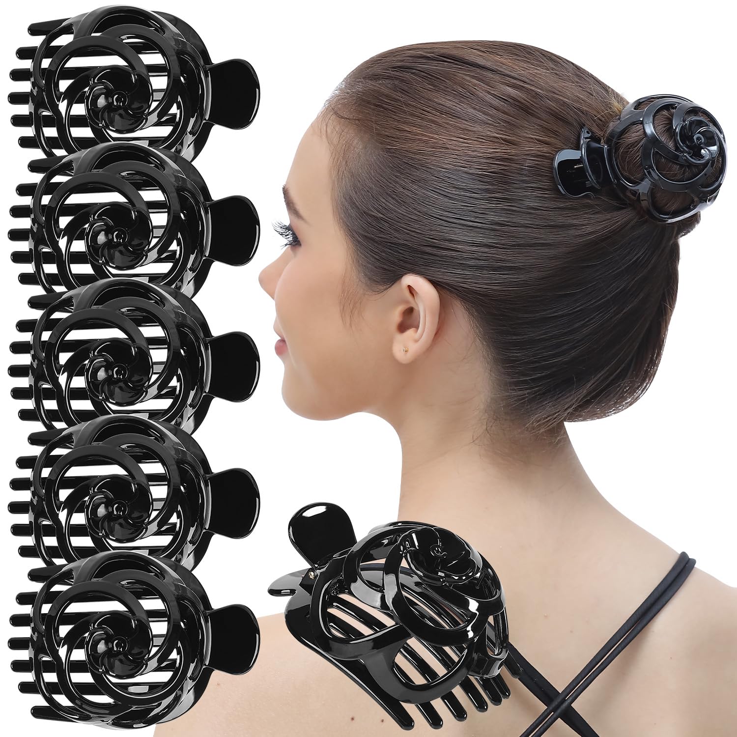 RC ROCHE 6 Pcs Bun Makers for Womens Hair Claw Clip for Updos Bird Nest Ballet Ballerina Piece French Round Holder Net Donut Shell Dome, Medium Black