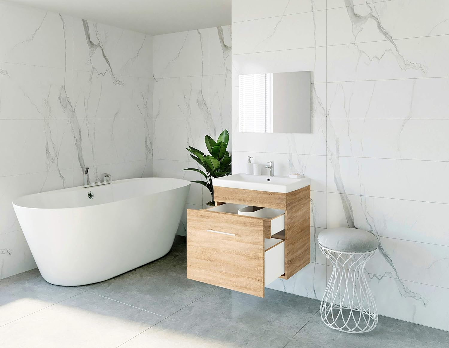 Waschtisch + Spiegel Badmöbel Set 60cm für Badezimmer WC (Sonoma Eiche